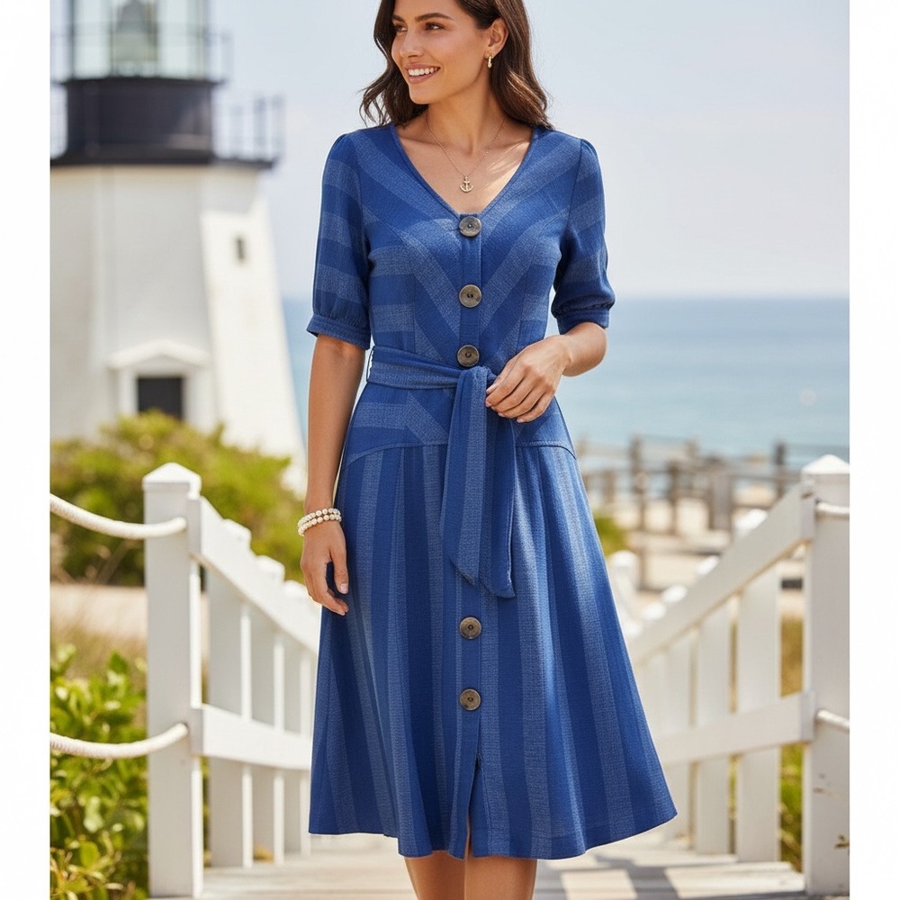 Maeve Anthropologie Blue Striped Midi Dress
